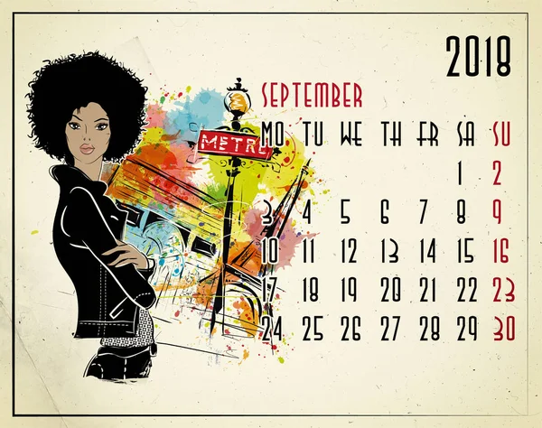 Setembro. 2018 calendário europeu com menina da moda — Fotografia de Stock