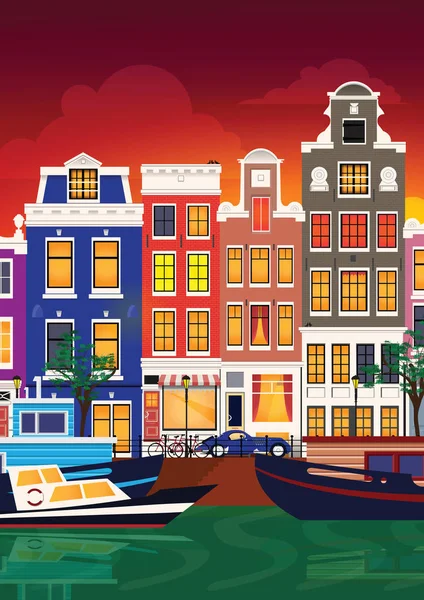 Flat tecknad multicolor färgstarka historiska byggnader stad Amsterdam panorama Holland. — Stock vektor