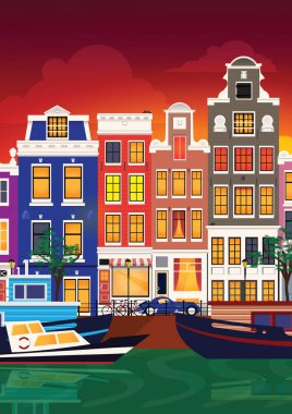 Düz çizgi film çok renkli renkli tarihi binaları şehir şehir Amsterdam panorama Holland.