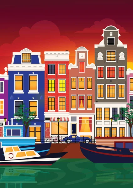 Flat cartoon multicolor colorful historic buildings city town Amsterdam panorama Holland. — Stock Vector