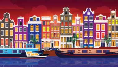 Düz çizgi film çok renkli renkli tarihi binaları şehir şehir Amsterdam panorama Holland.