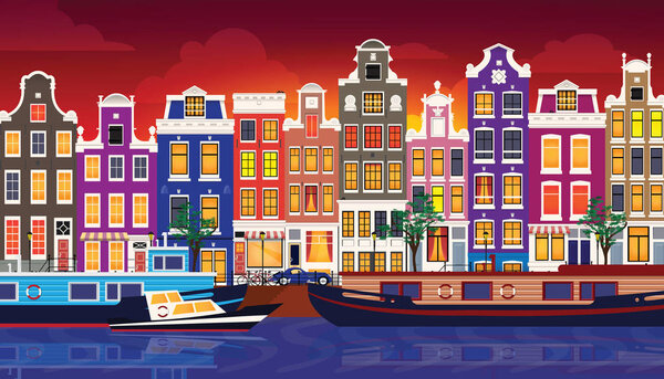 Flat cartoon multicolor colorful historic buildings city town Amsterdam panorama Holland.