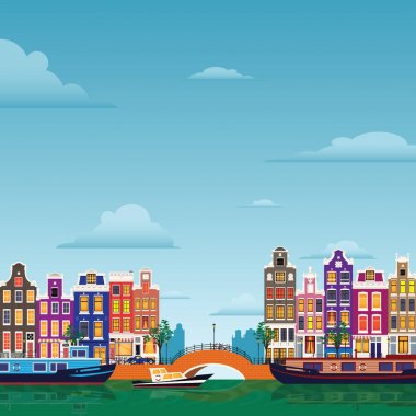 Düz çizgi film çok renkli renkli tarihi binaları şehir şehir Amsterdam panorama Holland.