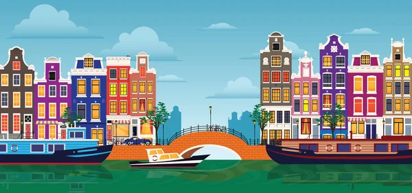 Flat cartoon multicolor colorful historic buildings city town Amsterdam panorama Holland. — Stock Vector