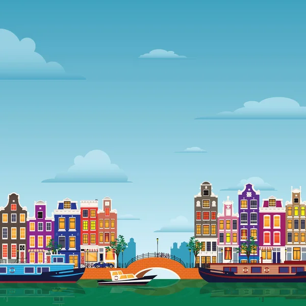만화 다 색 화려한 역사적인 건물 도시 암스테르담 파노라마 네덜란드 플랫. — 스톡 벡터