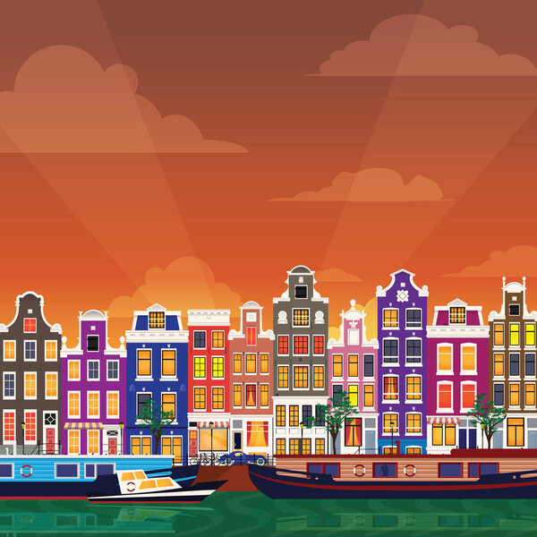 Flat cartoon multicolor colorful historic buildings city town Amsterdam panorama Holland.