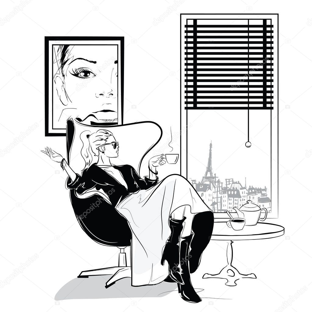 The fashion girl in sketch style relaxes with a cup of tea.