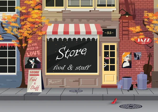 小商店在老城市街道, 秋天. — 图库矢量图片