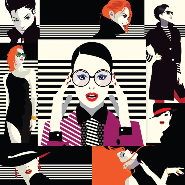 Collage of fashionable girls in style pop art. — Stock Vector