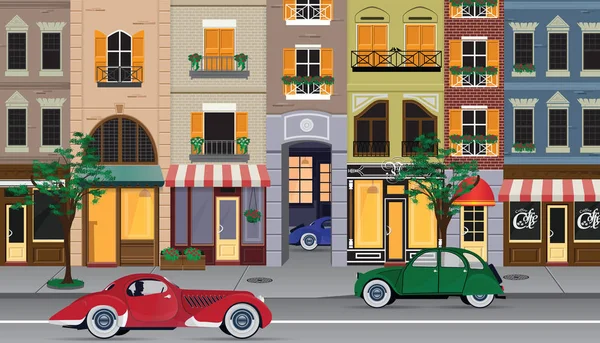 프랑스 파리에 있는 다채 로운 다채 로운 역사적 인 도시 건물들을 총천연색으로 그린 플랫 만화 영화. 벡터 일러스트. — 스톡 벡터