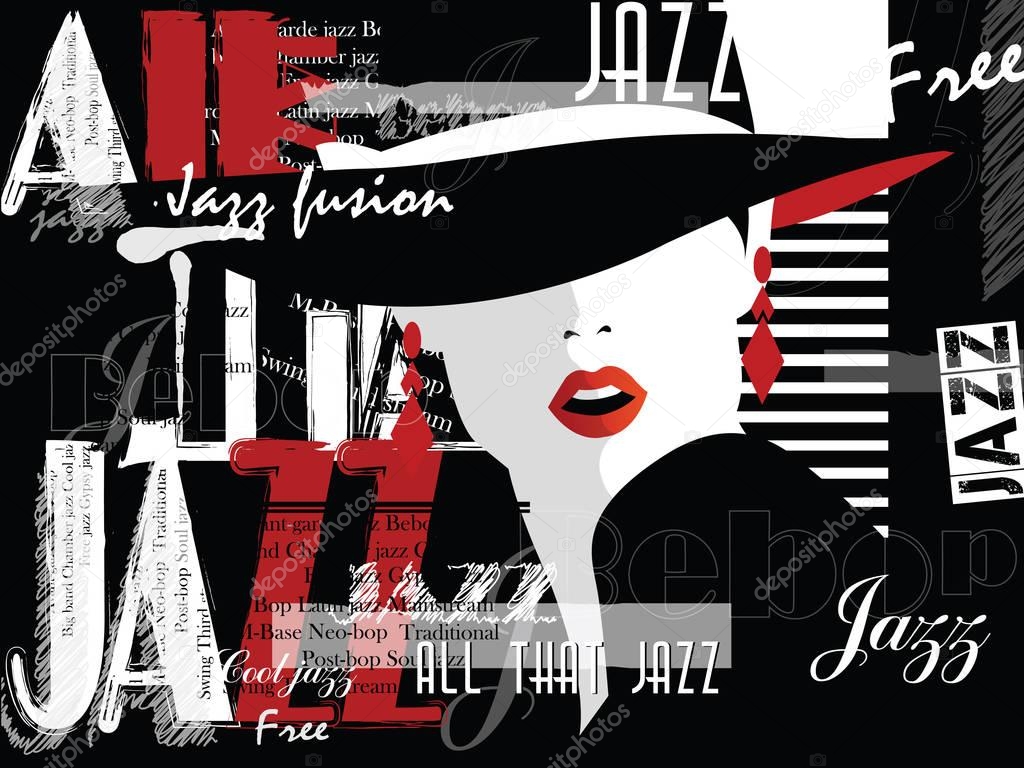 Jazz music, poster background template. Front view portrait of woman face