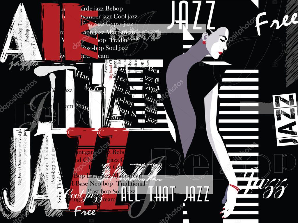 Jazz music, poster background template. Front view portrait of woman face