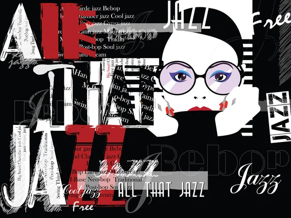 爵士乐音乐, 海报背景模板。女性脸的前视图肖像 — 图库矢量图片