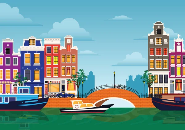 Dibujos animados planos multicolor coloridos edificios históricos ciudad Amsterdam panorama Holanda . — Vector de stock