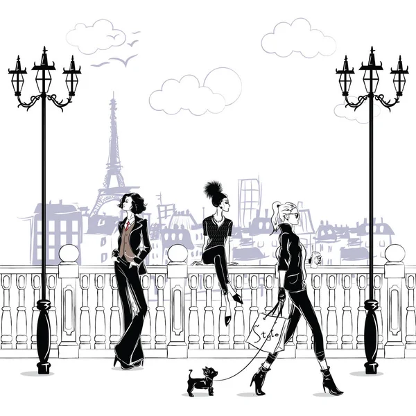 Modemeisjes in schetsstijl in Parijs. Fashion vrouw portret. — Stockvector