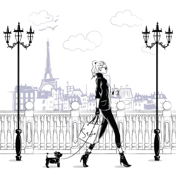 Ragazze di moda in stile schizzo a Parigi. Ritratto donna moda. — Vettoriale Stock