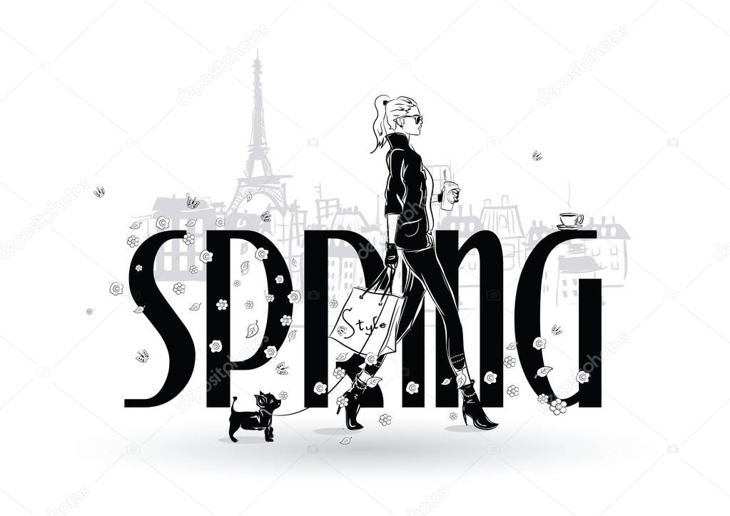Spring. Fashion girls in sketch-style in Paris.