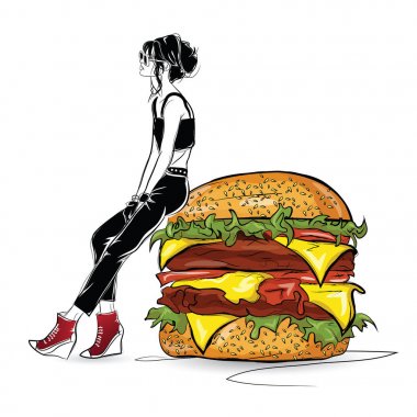 Beyaz arka plan üzerinde kroki tarzı şık kızla Burger.