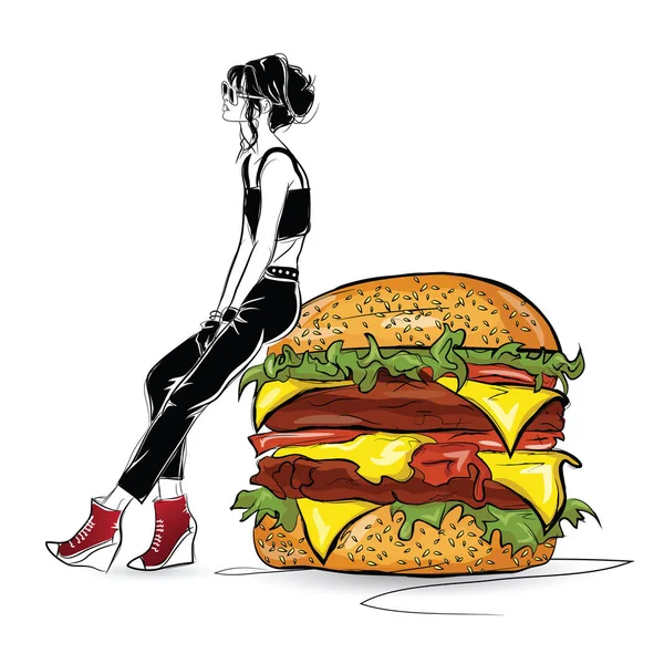 Burger με κομψό κορίτσι στο στυλ σκίτσο σχετικά με το λευκό φόντο. — Διανυσματικό Αρχείο