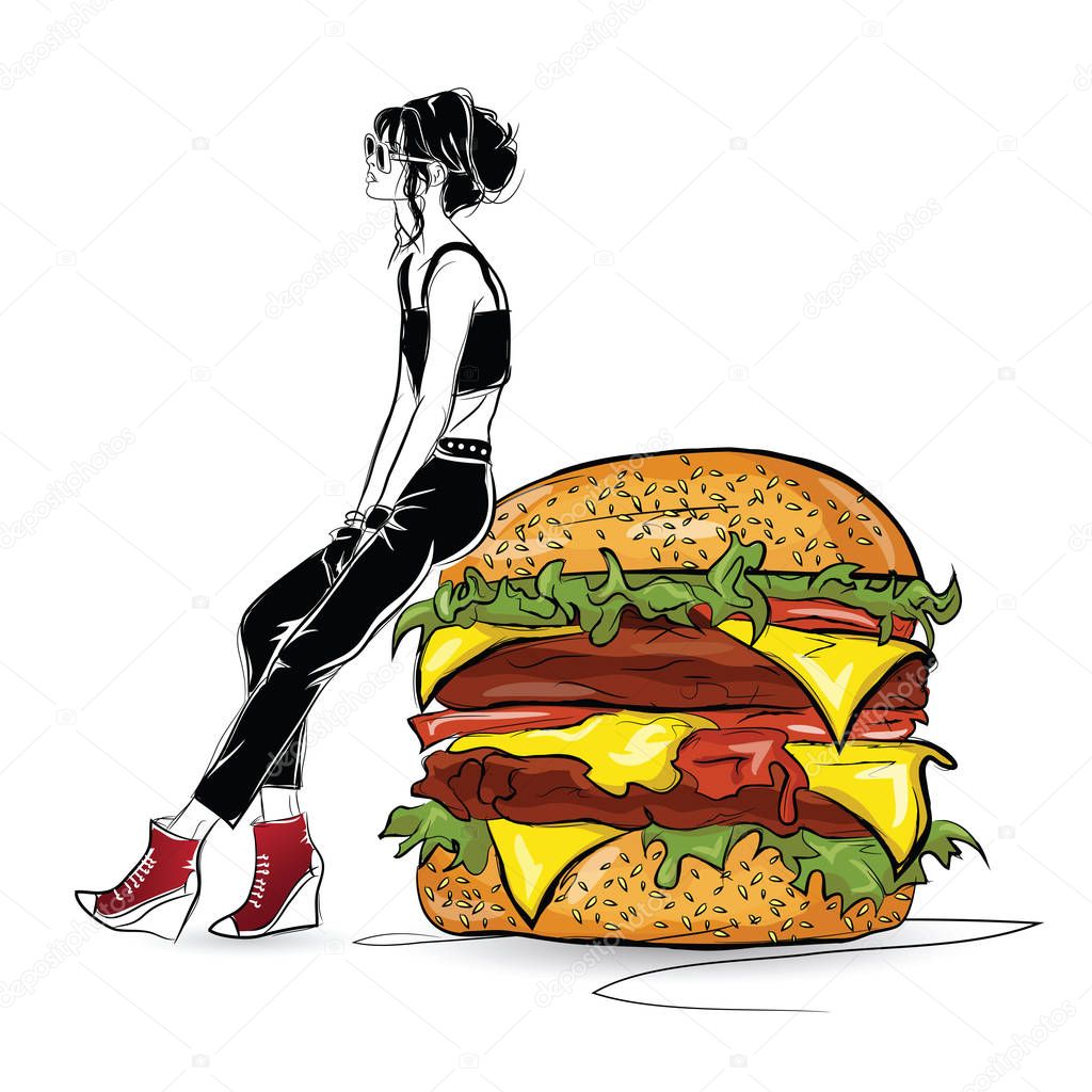 Burger with stylish girl in the sketch style on the white background.