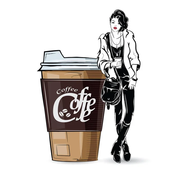 Chica de moda en estilo boceto con taza de cofe. Ilustración vectorial . — Vector de stock