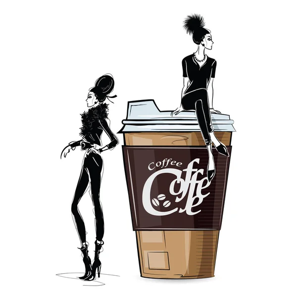 Chica de moda en estilo boceto con taza de cofe. Ilustración vectorial . — Vector de stock