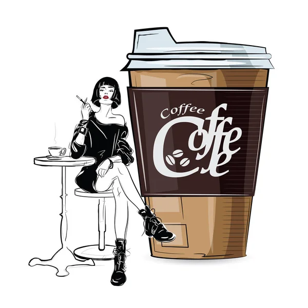 Fată de modă în stil schiță cu ceașcă de cofe. Ilustrație vectorială . — Vector de stoc