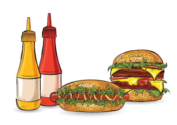 Tres hamburguesas en el estilo de boceto en el fondo blanco . — Archivo Imágenes Vectoriales