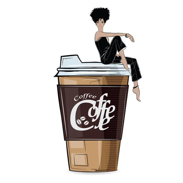 Chica de moda en estilo boceto con taza de cofe. Ilustración vectorial . — Archivo Imágenes Vectoriales