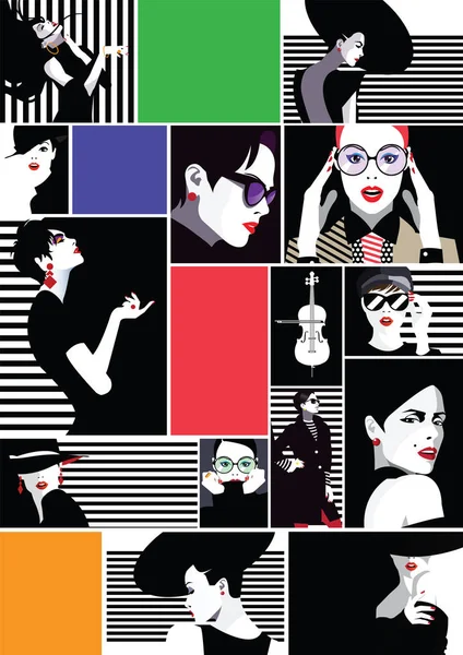 Collage de chicas de moda en el estilo pop art. — Archivo Imágenes Vectoriales