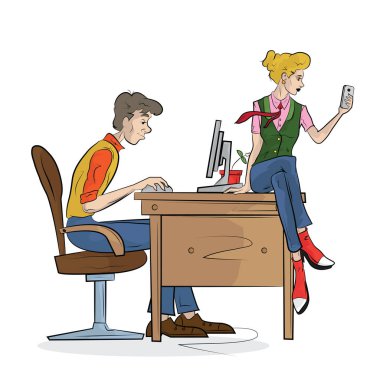 Kadın ve erkek bilgisayarda çalışıyor. Vektör illüstrasyonu