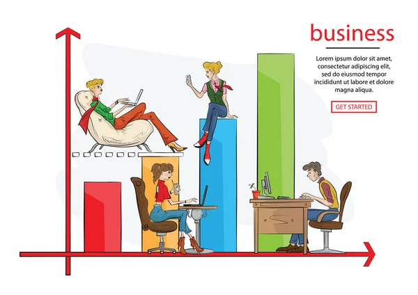 Geschäftsdiagramm Wachstumskonzept Vektor Illustration von professionellen Menschen, die als Team arbeiten und auf blauem Wachstumshoroskop sitzen. Menschen, die Laptops nutzen, um Geschäfte zu machen. blauer geschäftlicher Hintergrund — Stockvektor