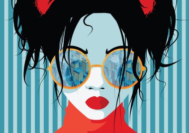 Güneş gözlüklü kız retro moda. Resort pop sanat tarzı güzel kadın