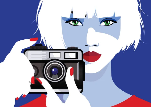 Μόδα γυναίκα σε στυλ Ποπ τέχνη με κάμερα — Διανυσματικό Αρχείο