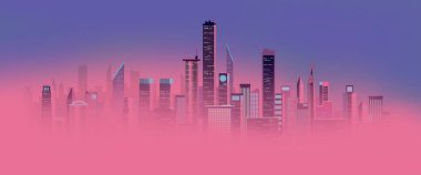 New York 'taki binalar. Sabah gökyüzünde pencerelerden yansıyan ışık..