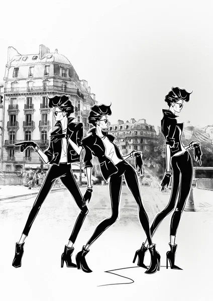 Tres mujeres de moda en estilo sketch en París . — Foto de Stock