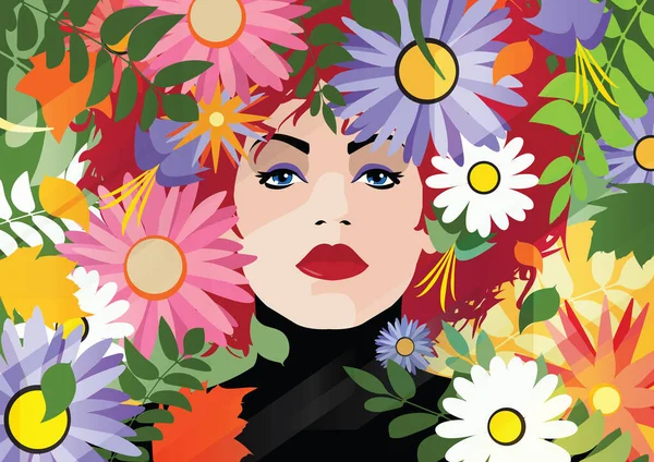 Portret kobiety z kwiatami we włosach — Wektor stockowy