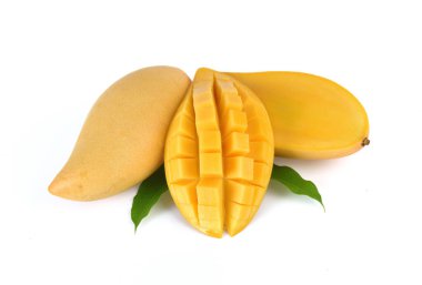 Beyaz arka planda izole edilmiş sarı mango (mango, meyve, meyve suyu))