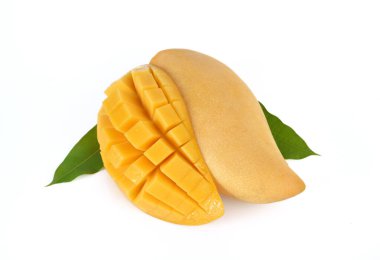 Beyaz arka planda izole edilmiş sarı mango (mango, meyve, meyve suyu))