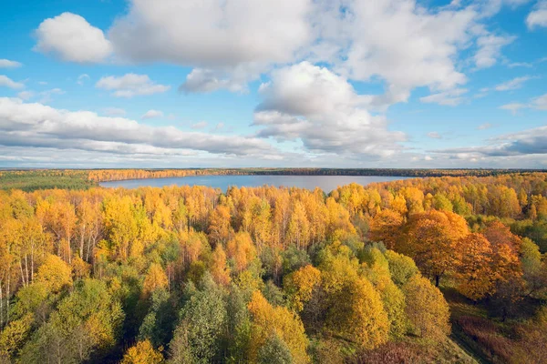 Sonbahar göl ve orman mavi gökyüzü ve bulutlar.
