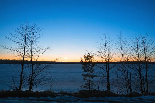 Lago congelado na floresta ao pôr do sol na primavera . — Fotografia de Stock