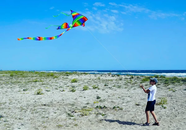 Un ragazzo lancia un aquilone sulla costa del mare  . — Foto Stock