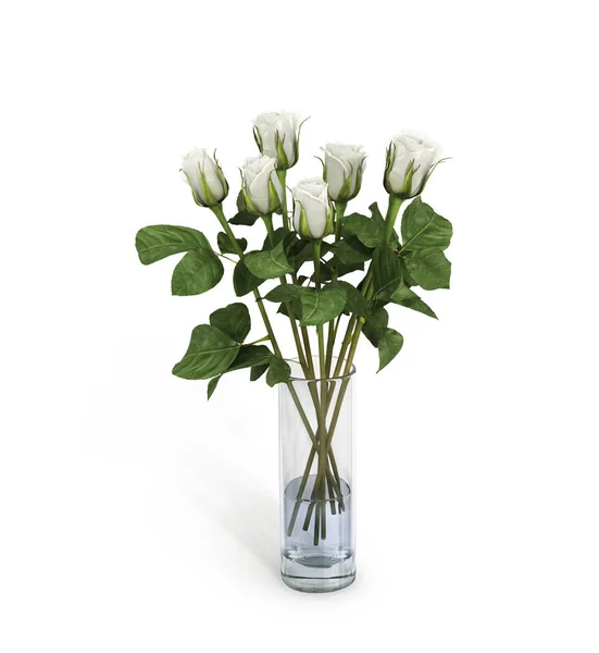 White roses in transparent vase isolated on white background. 3D — Stock Photo, Image