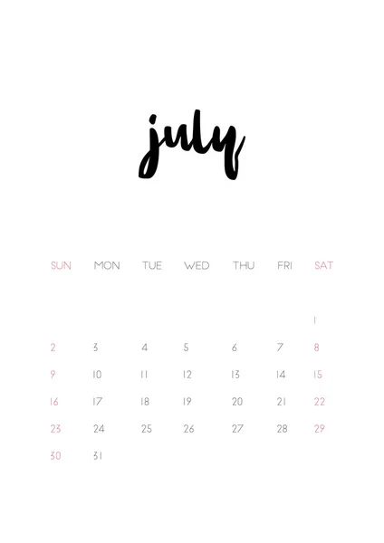 Page calendrier juillet 2017 — Image vectorielle