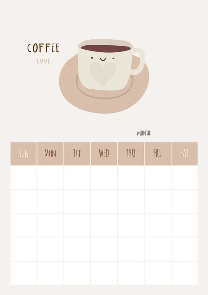 Calendario per mese con caffè in tazza — Vettoriale Stock