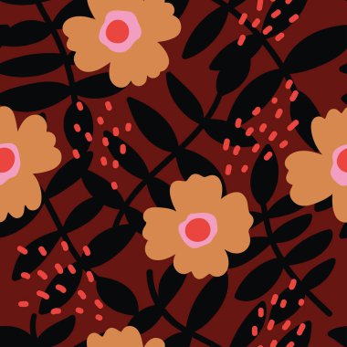 çiçekler, yapraklar ve soyut kontur ile sorunsuz doku