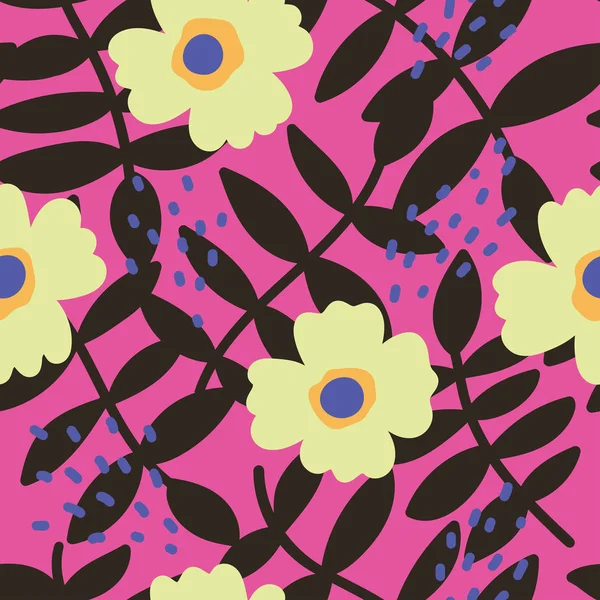 Nahtlose Textur mit Blüten, Blättern und abstrakten Strichen — Stockvektor