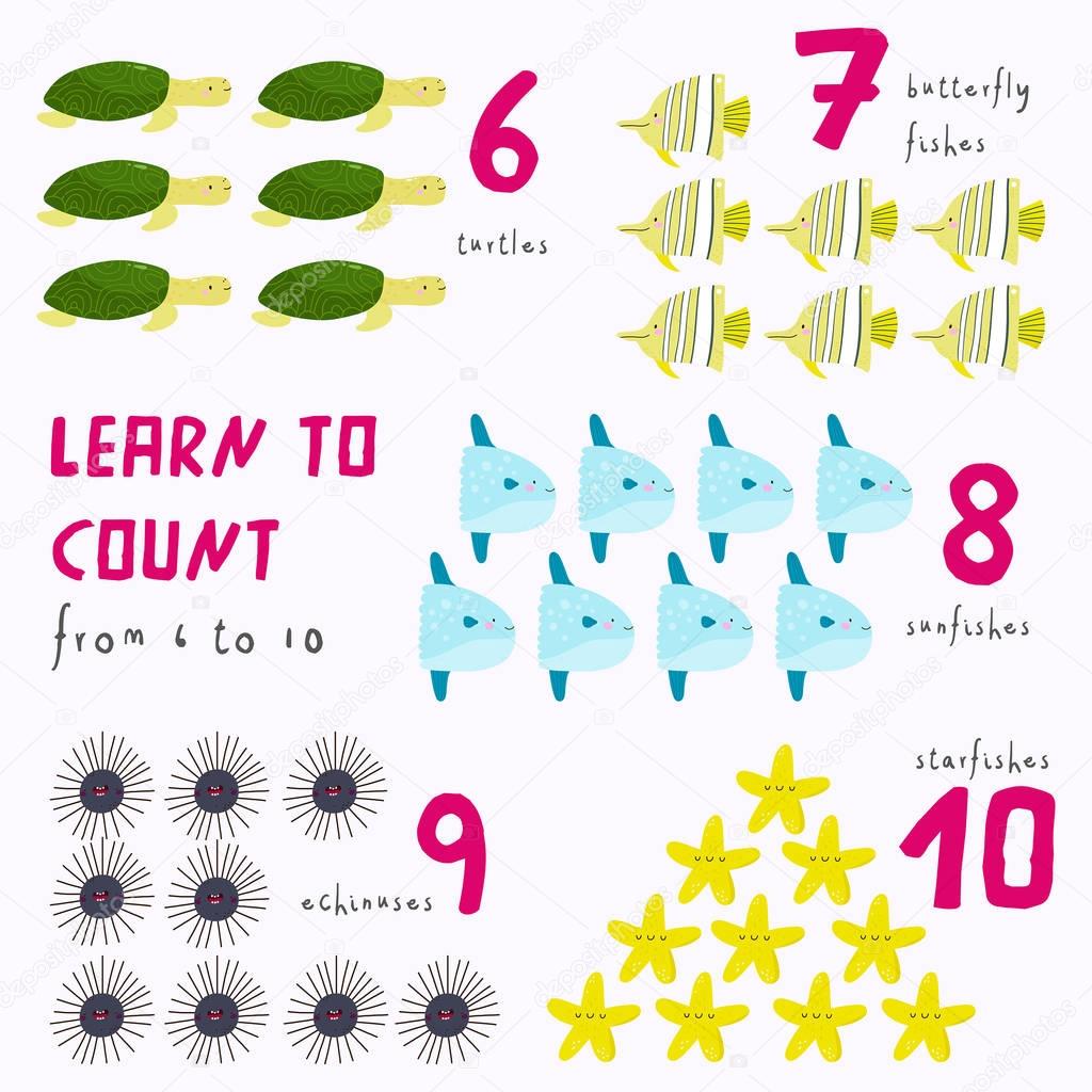 Learn to count from 6 to 10 illustrated poster. 