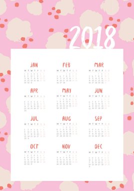 2018 yıl için aylık takvim