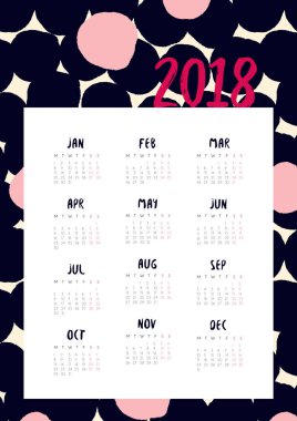 2018 yıl için aylık takvim